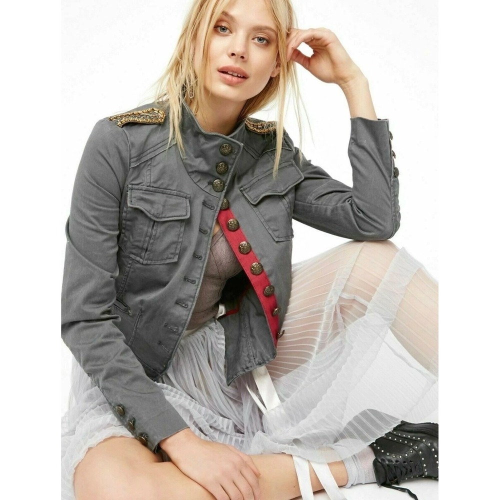 Free People Military Band Jacket Grey Beaded Epaulette Crest Button Size Large